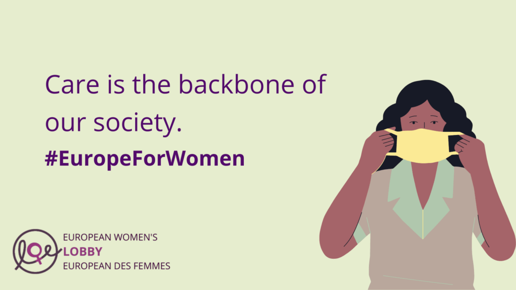 Care is the backbone of our society. Illustration of woman putting on a mask