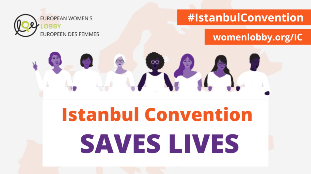 Illustration of women holding Istanbul Convention Saves Lives sign
