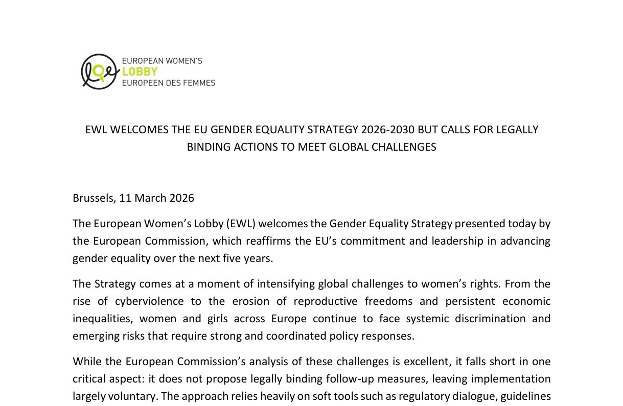 EWL Welcomes the EU Gender Equality Strategy 2026-2030, but Without ...